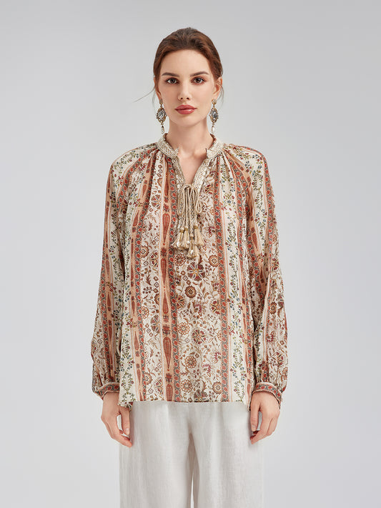 Breathable Ethnic Print Ramie Shirt
