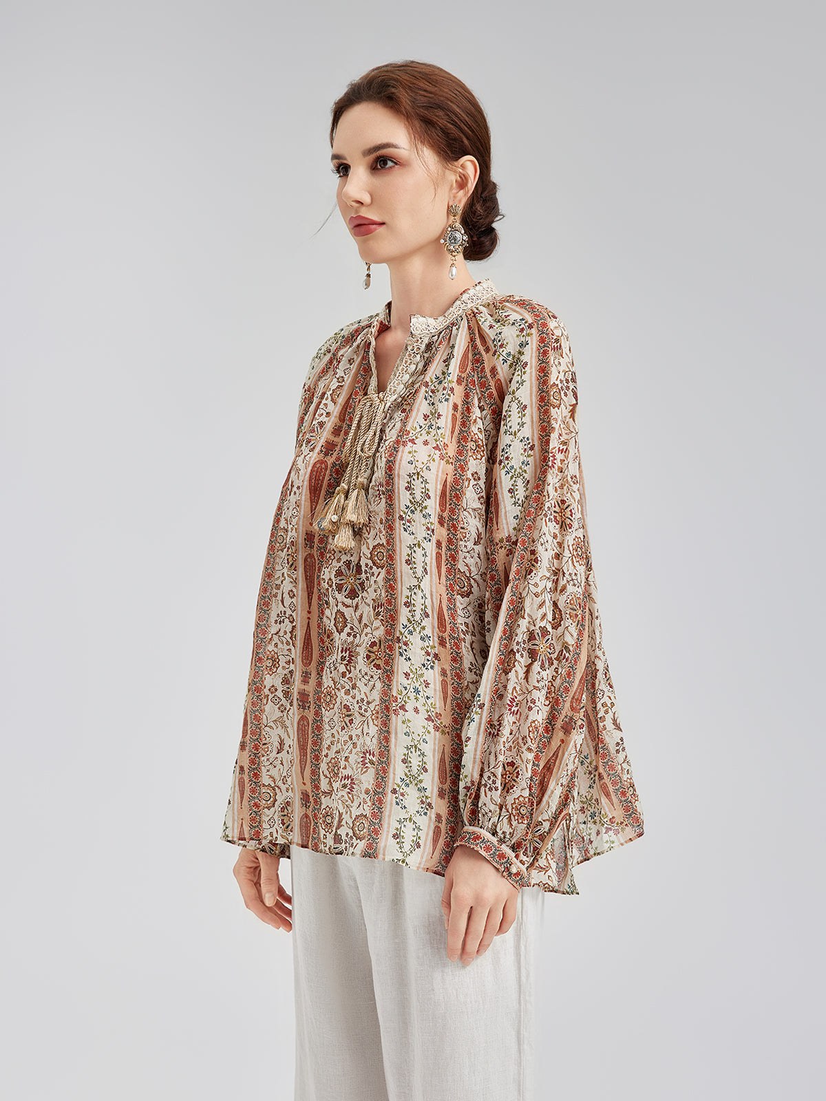 Breathable Ethnic Print Ramie Shirt