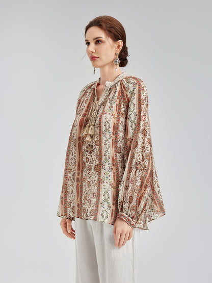 Breathable Ethnic Print Ramie Shirt