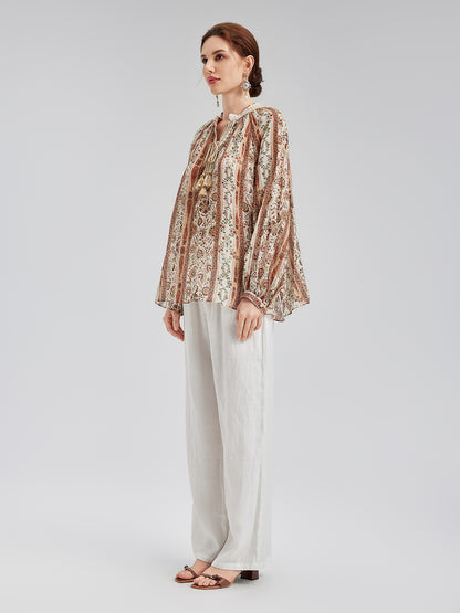 Breathable Ethnic Print Ramie Shirt