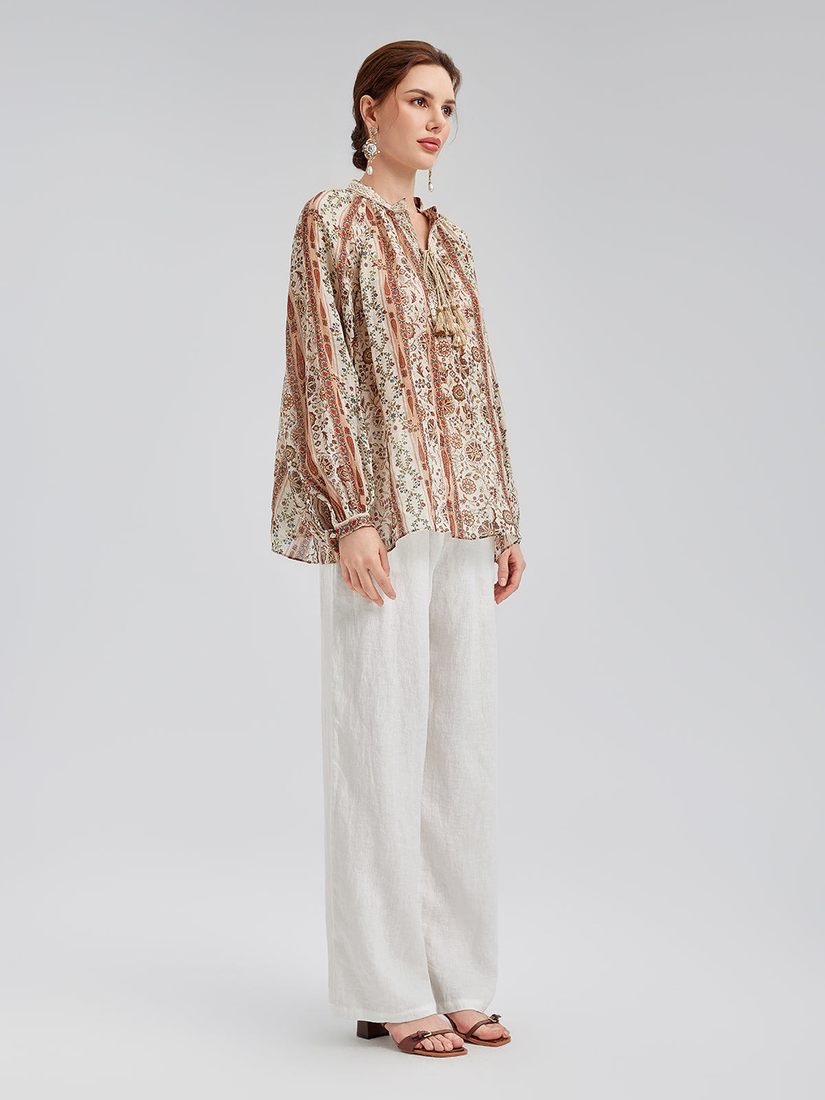 Breathable Ethnic Print Ramie Shirt