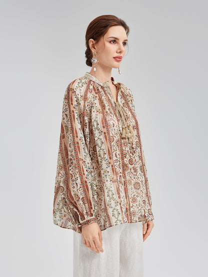 Breathable Ethnic Print Ramie Shirt