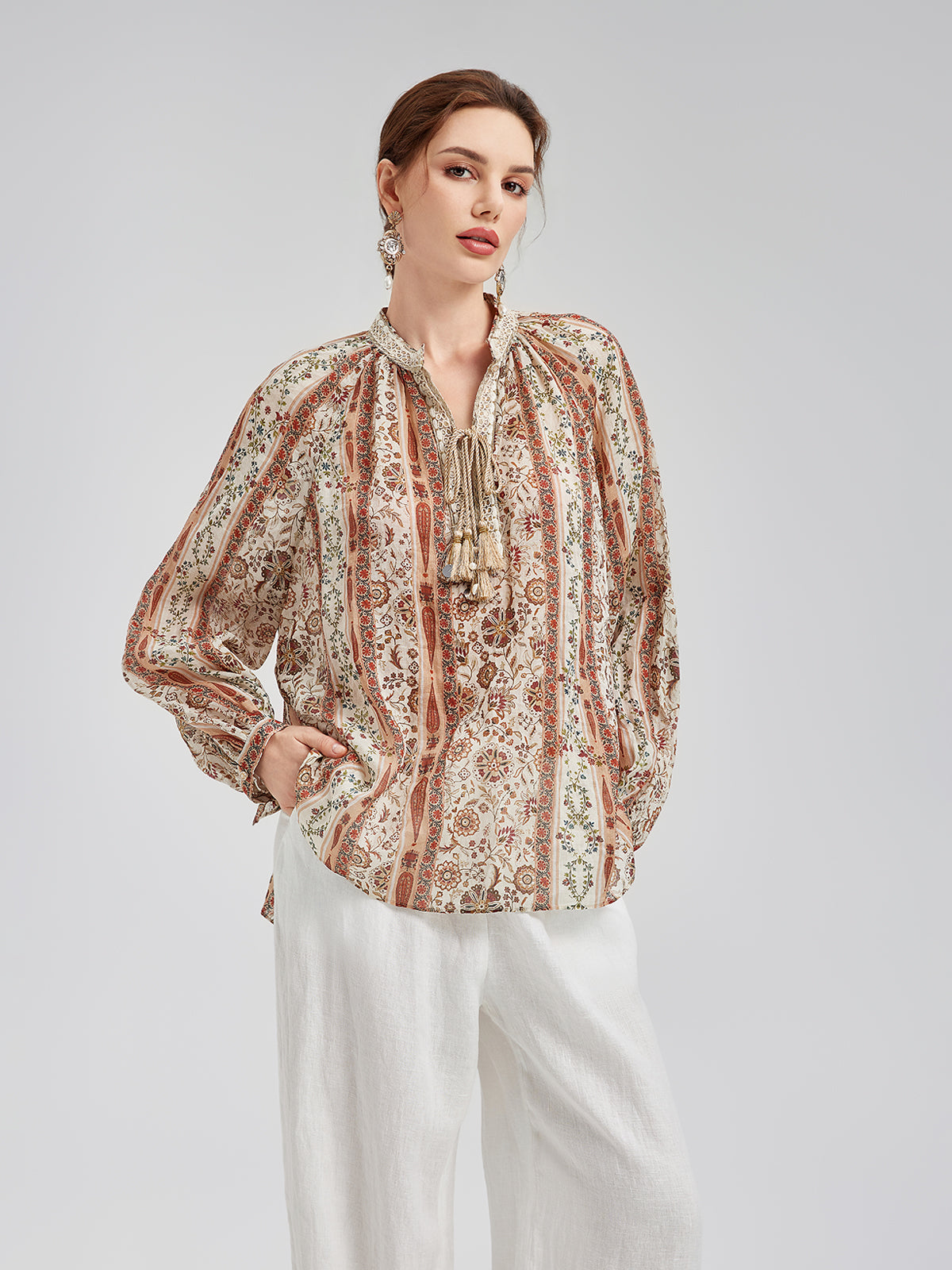 Breathable Ethnic Print Ramie Shirt