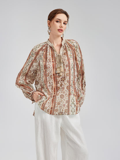 Breathable Ethnic Print Ramie Shirt