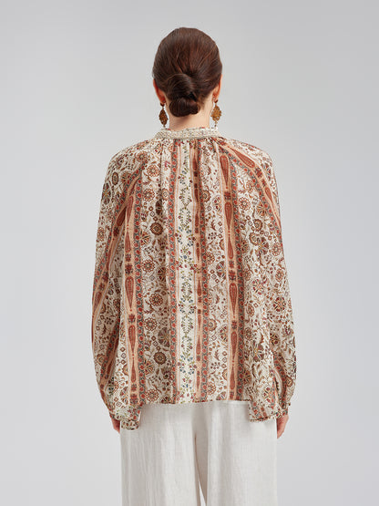Breathable Ethnic Print Ramie Shirt