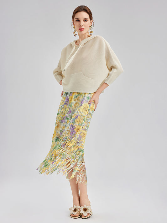 Elegant Floral Pleated Fringe Skirt