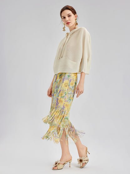 Elegant Floral Pleated Fringe Skirt