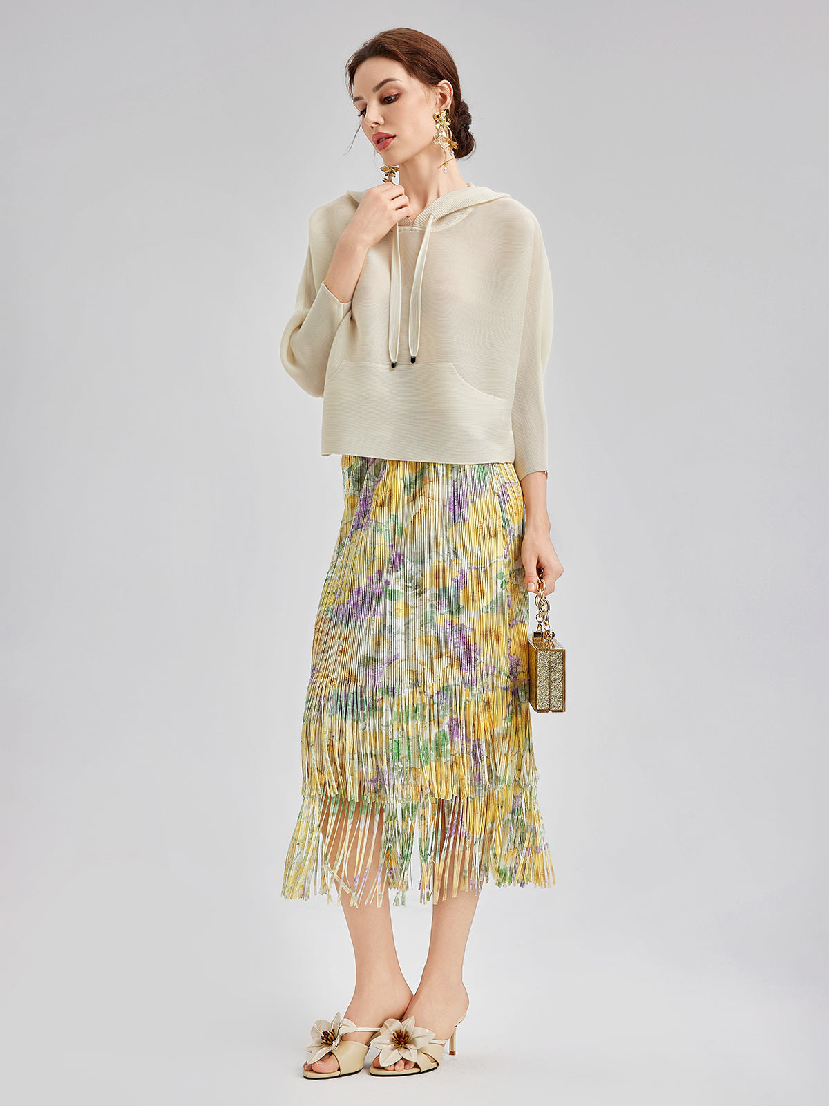 Elegant Floral Pleated Fringe Skirt
