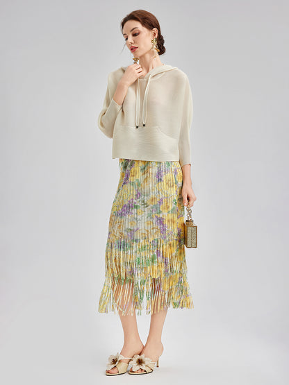 Elegant Floral Pleated Fringe Skirt