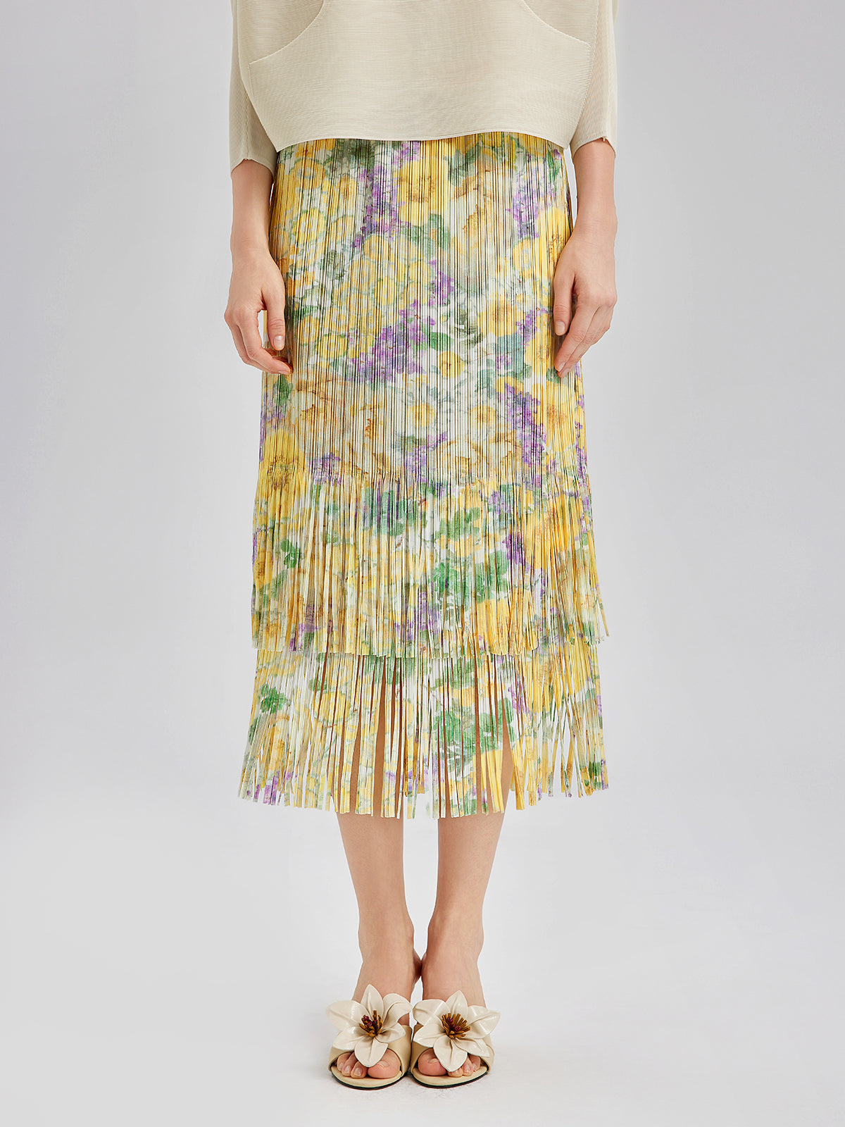 Elegant Floral Pleated Fringe Skirt