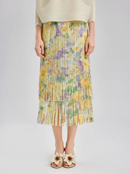 Elegant Floral Pleated Fringe Skirt