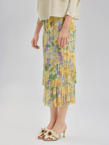 Elegant Floral Pleated Fringe Skirt