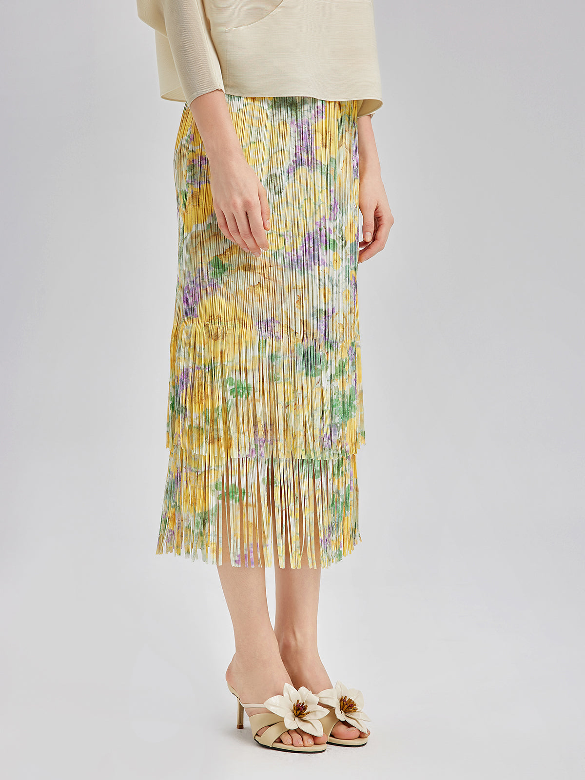 Elegant Floral Pleated Fringe Skirt