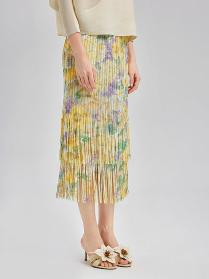 Elegant Floral Pleated Fringe Skirt