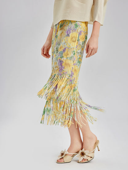 Elegant Floral Pleated Fringe Skirt