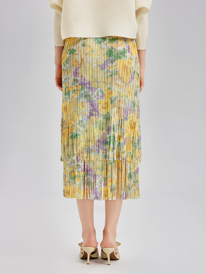 Elegant Floral Pleated Fringe Skirt
