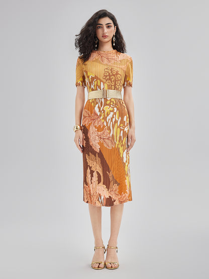 Artistic Floral Print Pleated Dress