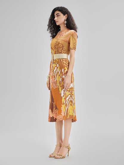 Artistic Floral Print Pleated Dress