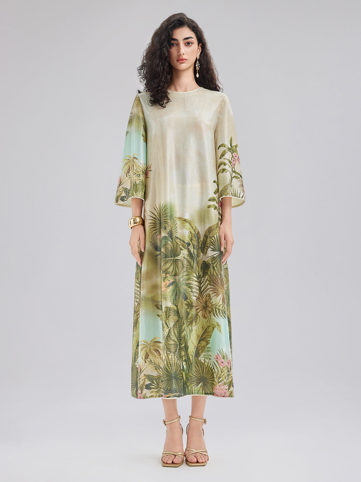 Tropical Plant Knit Long-Sleeve Dress