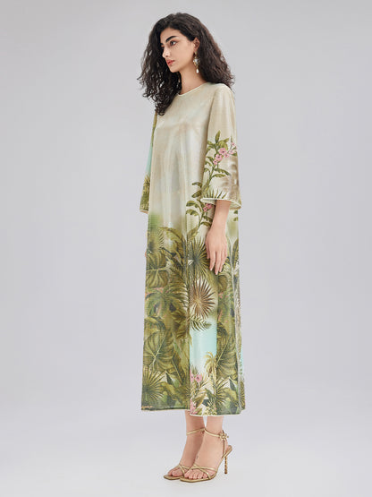 Tropical Plant Knit Long-Sleeve Dress