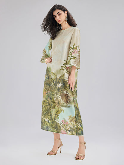 Tropical Plant Knit Long-Sleeve Dress