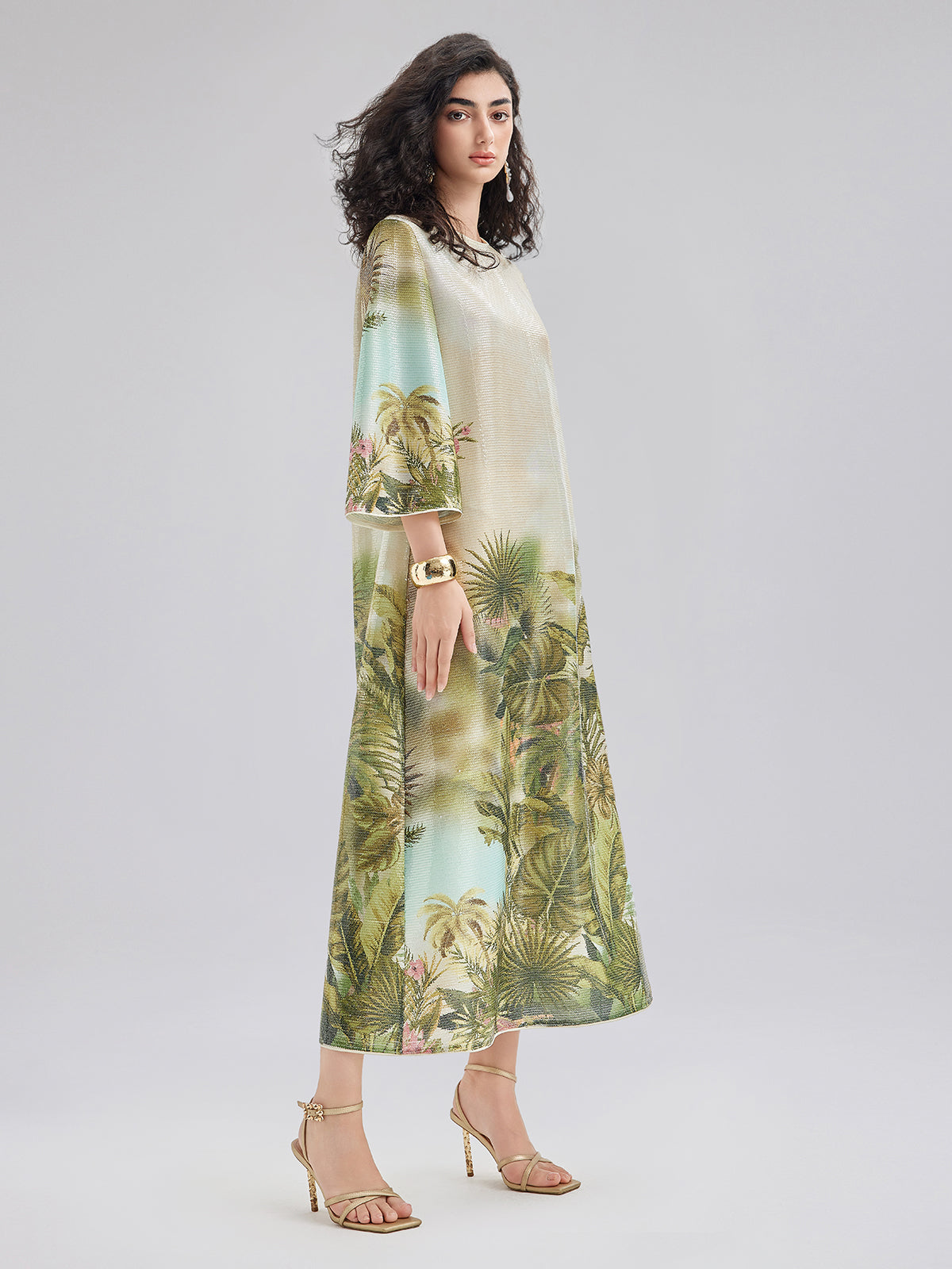 Tropical Plant Knit Long-Sleeve Dress