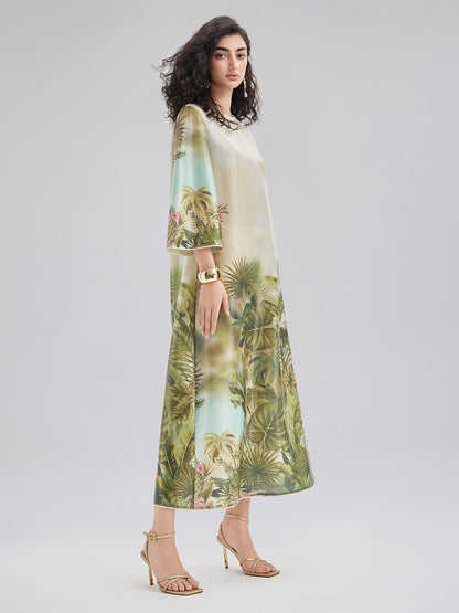 Tropical Plant Knit Long-Sleeve Dress