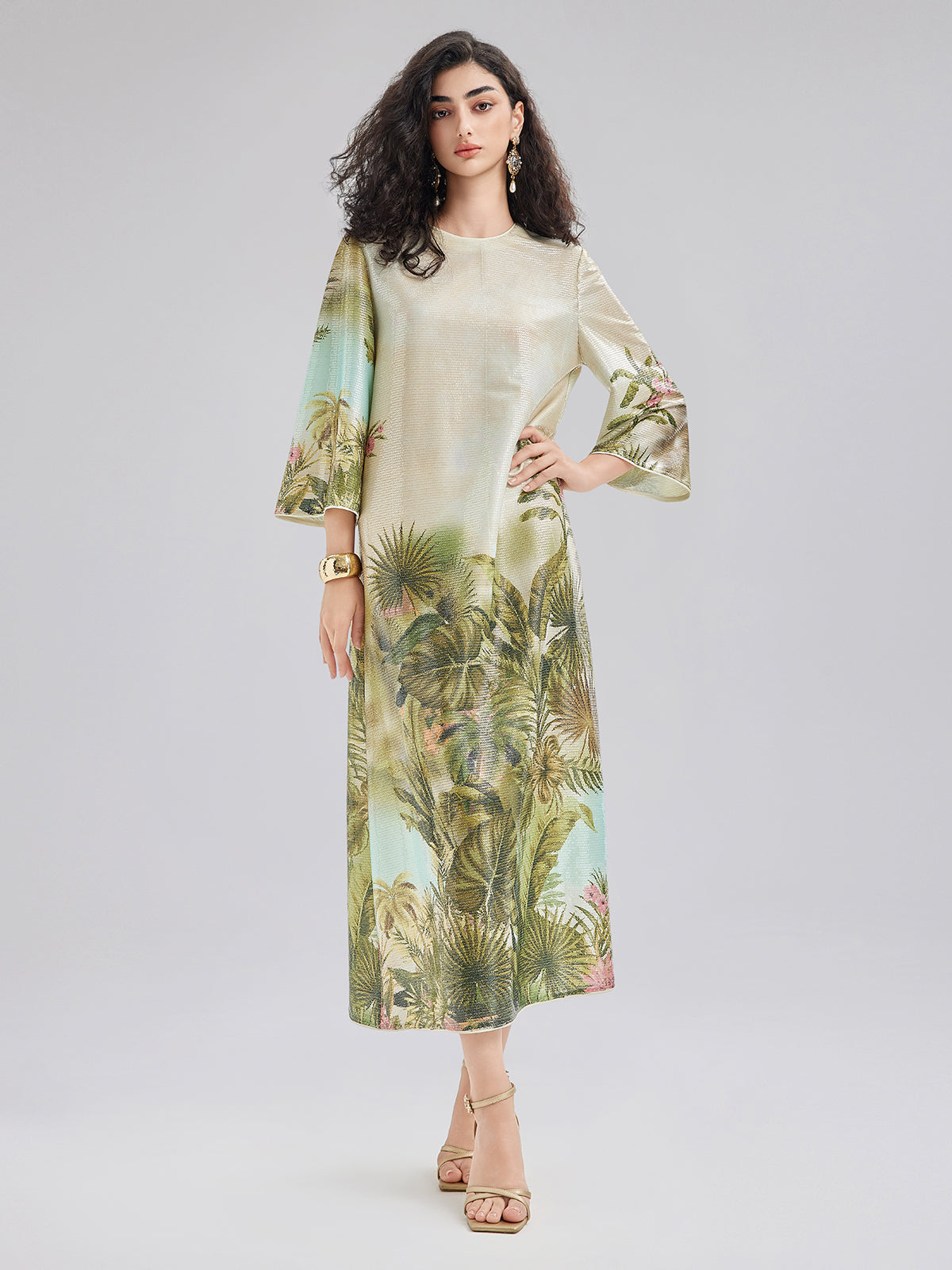 Tropical Plant Knit Long-Sleeve Dress
