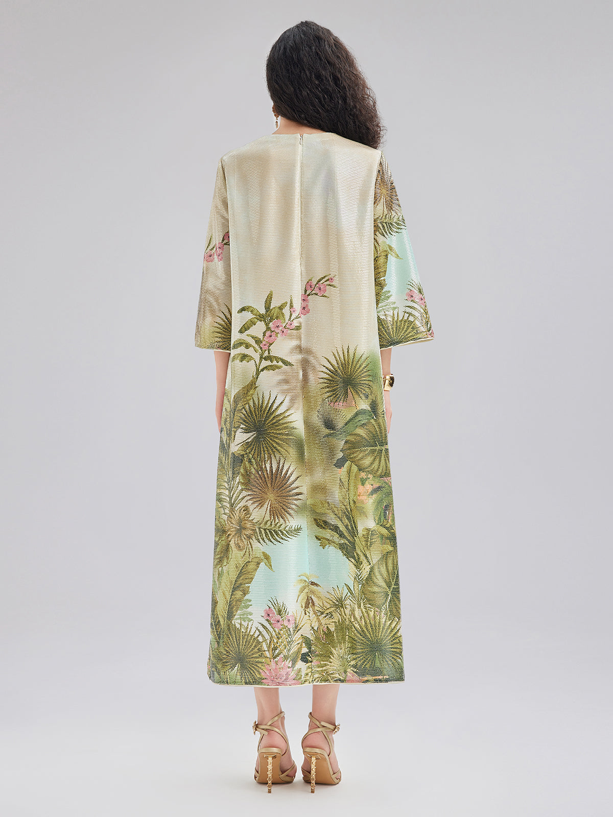 Tropical Plant Knit Long-Sleeve Dress