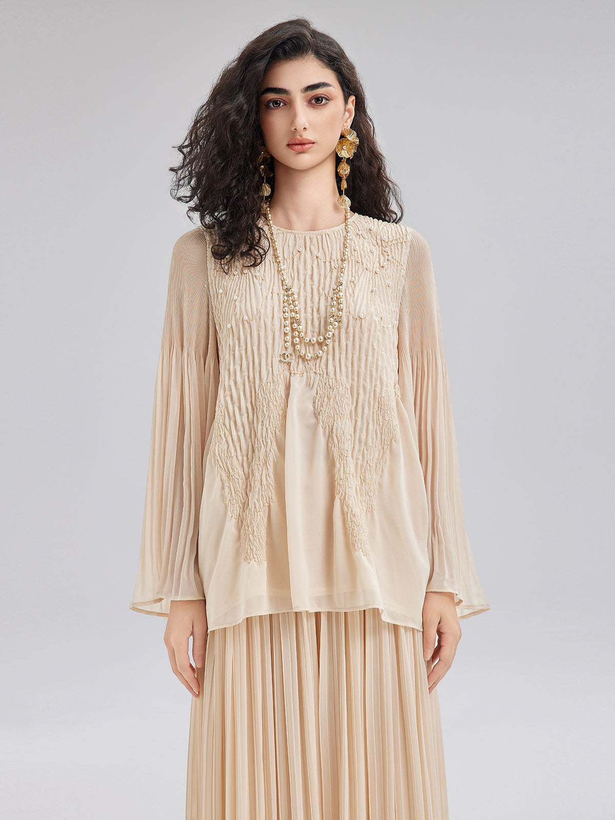 Luxe Embroidered Pleated Long-Sleeve Top