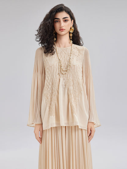 Luxe Embroidered Pleated Long-Sleeve Top