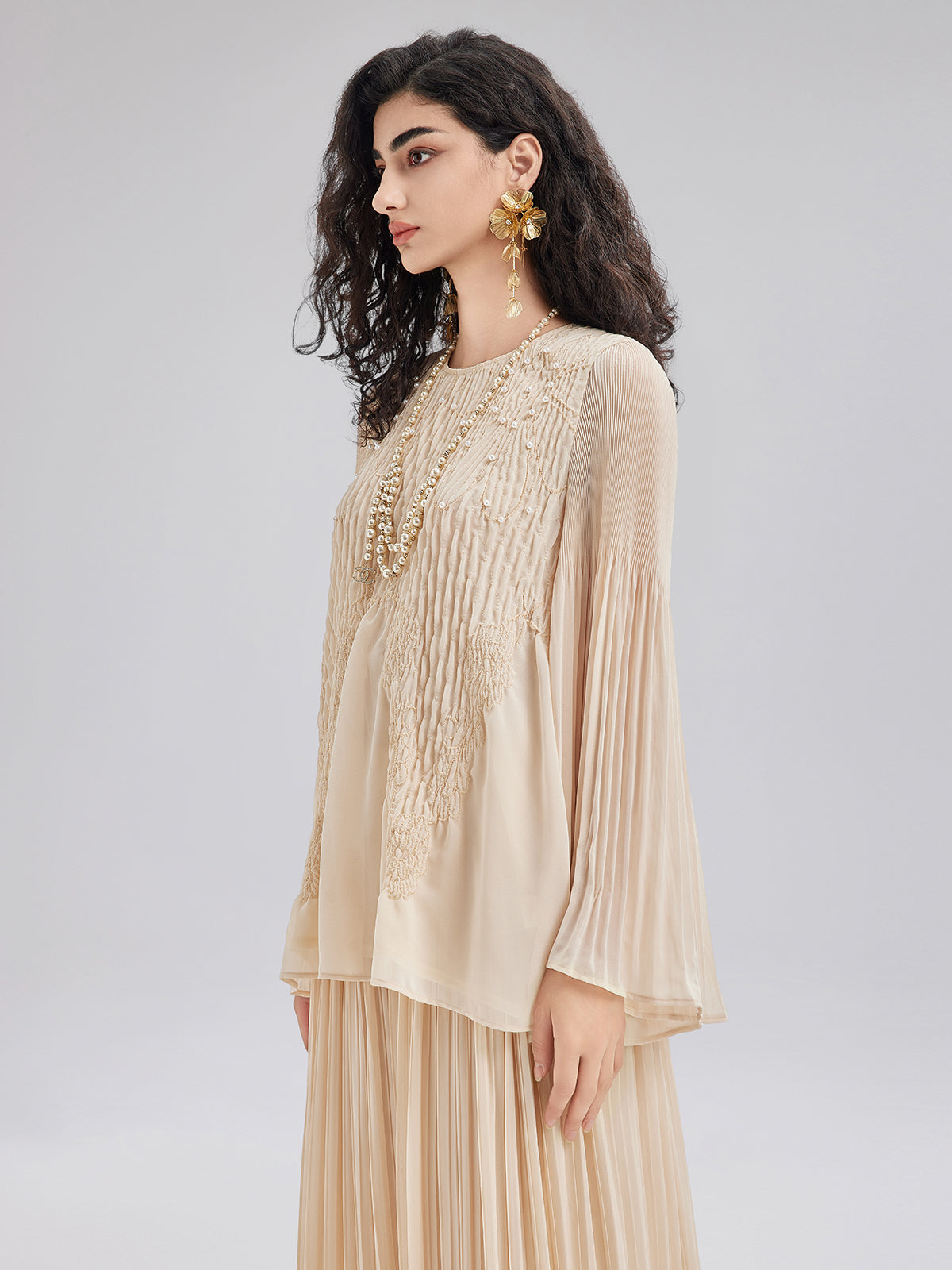 Luxe Embroidered Pleated Long-Sleeve Top
