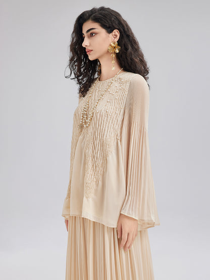 Luxe Embroidered Pleated Long-Sleeve Top