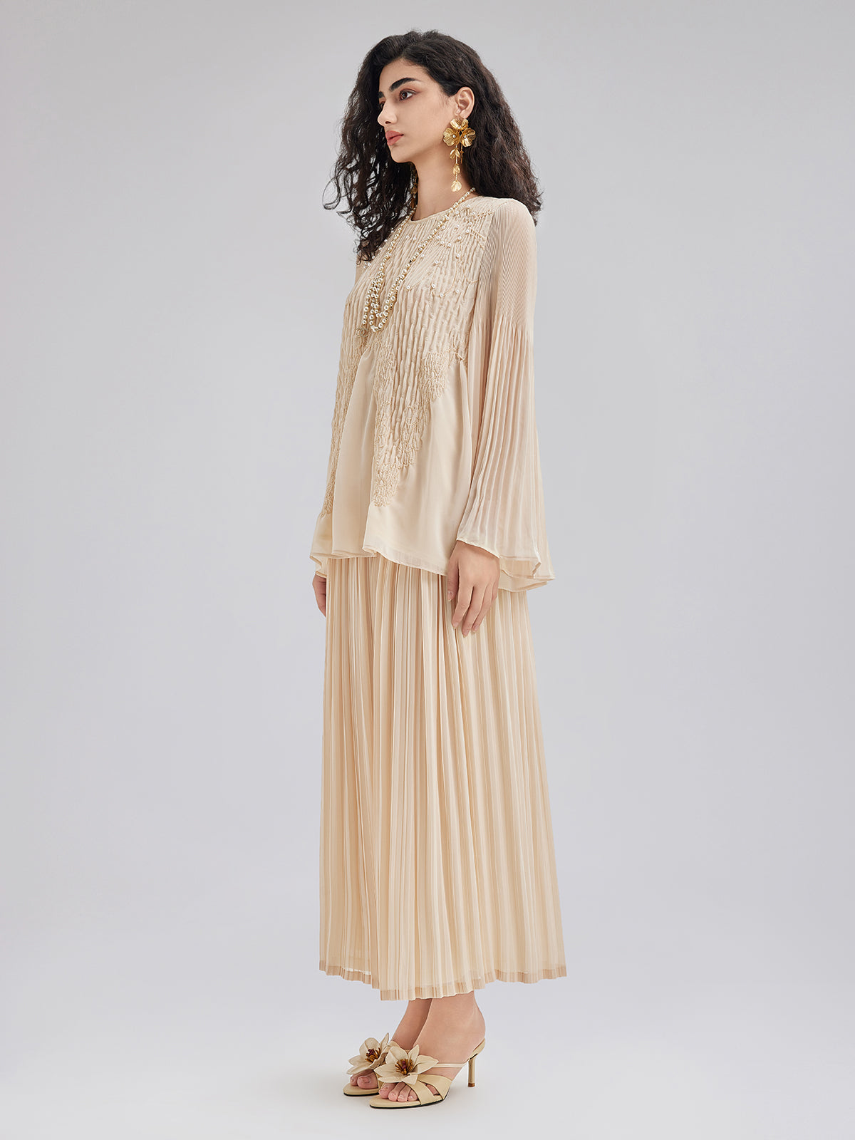 Luxe Embroidered Pleated Long-Sleeve Top