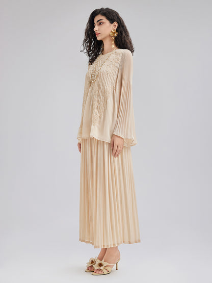 Luxe Embroidered Pleated Long-Sleeve Top