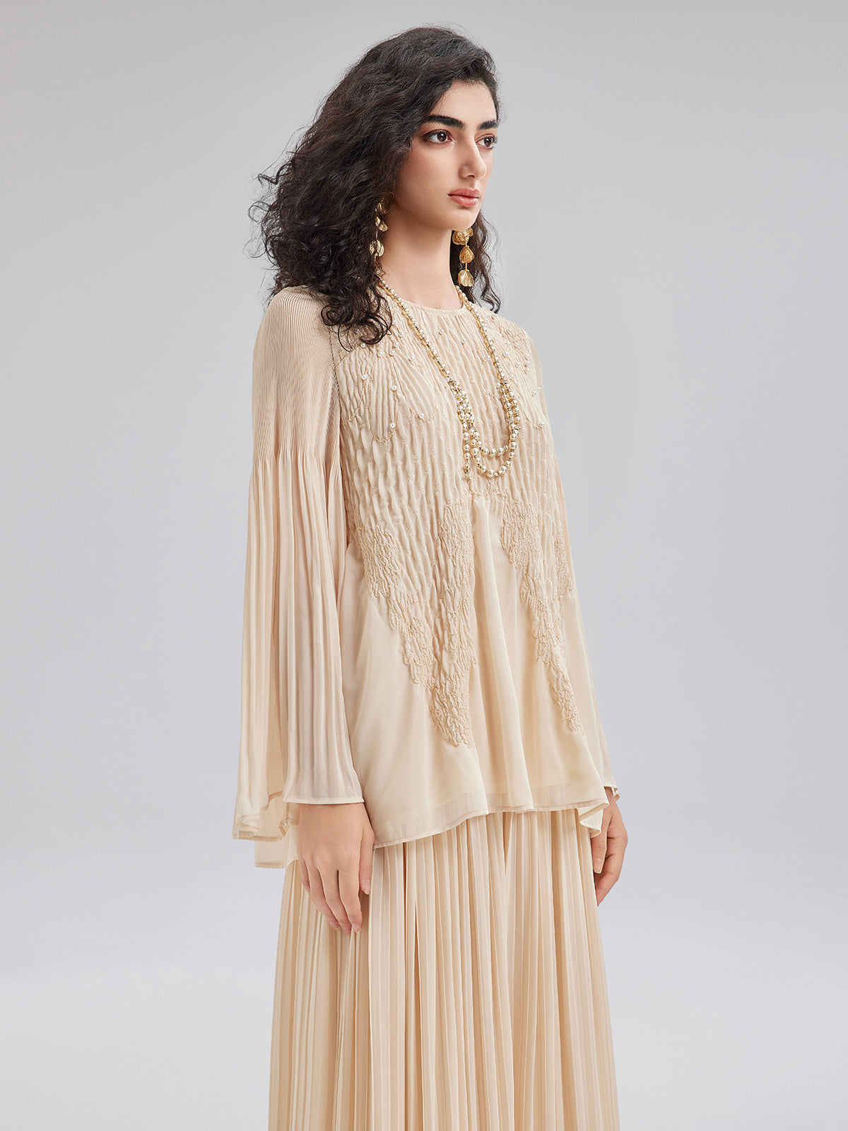 Luxe Embroidered Pleated Long-Sleeve Top