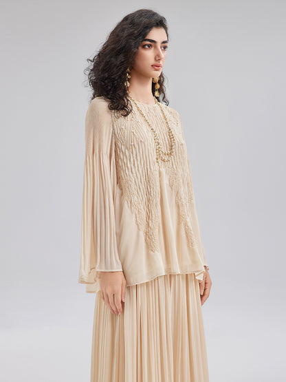 Luxe Embroidered Pleated Long-Sleeve Top