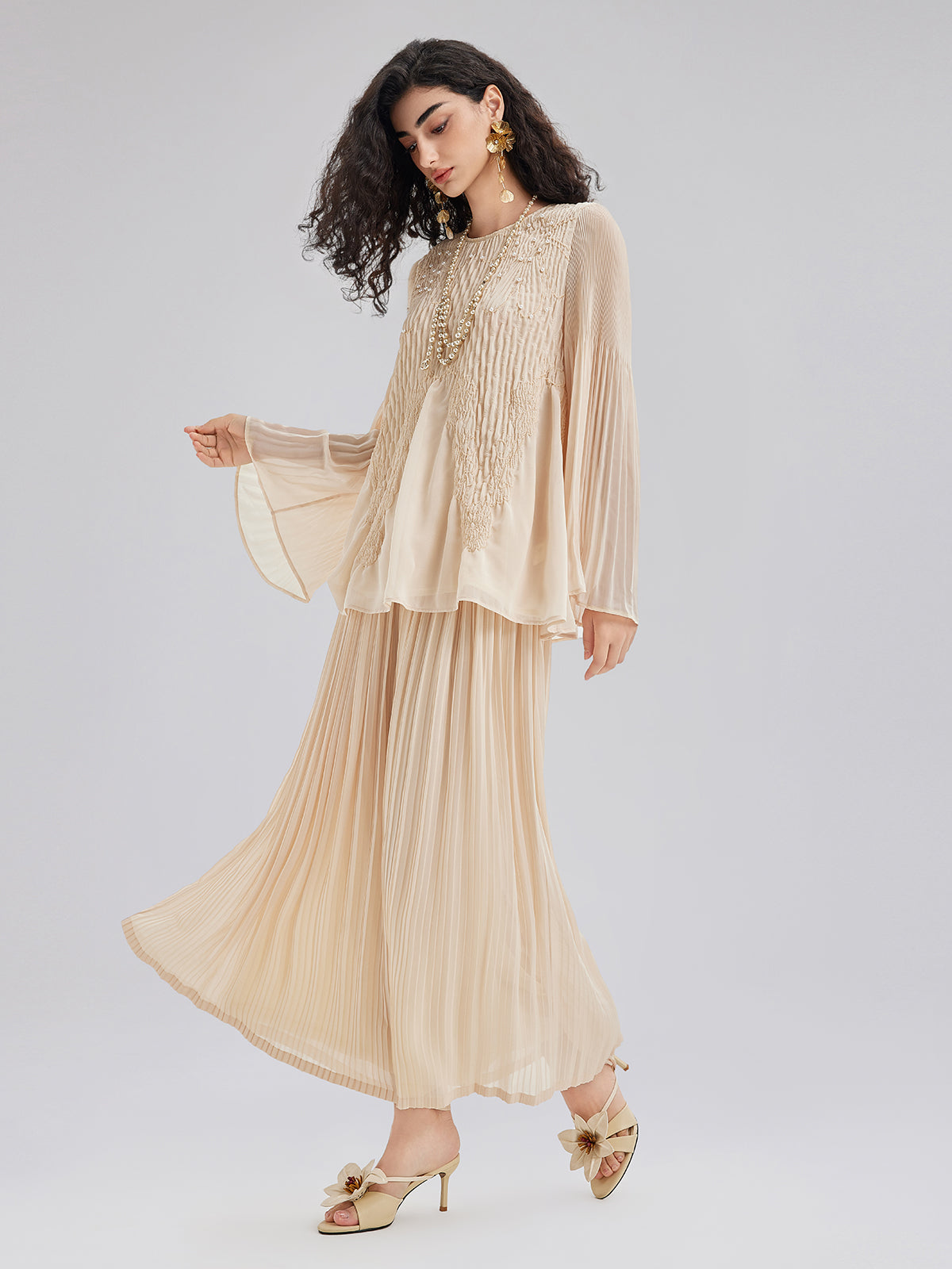 Luxe Embroidered Pleated Long-Sleeve Top