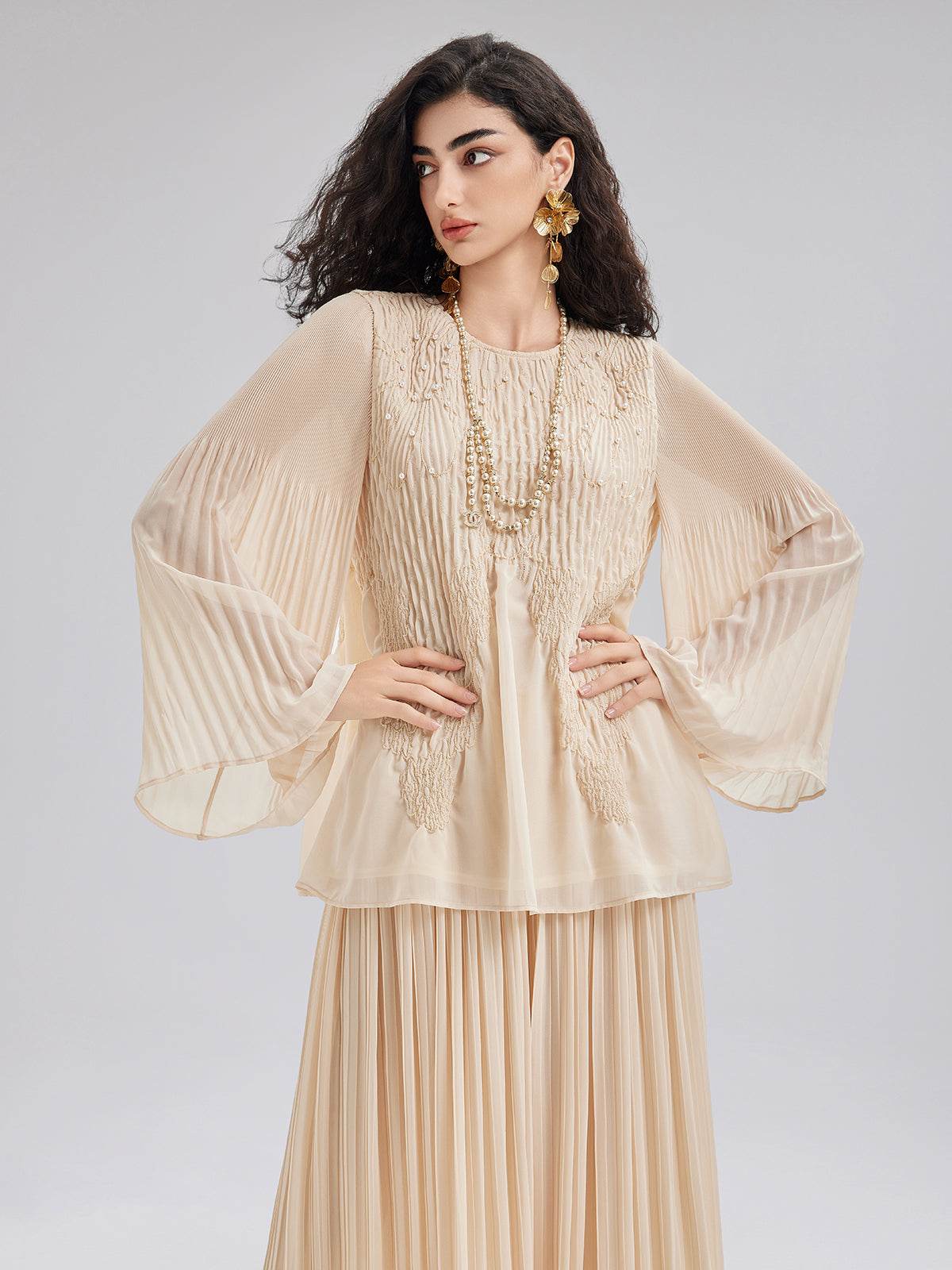 Luxe Embroidered Pleated Long-Sleeve Top