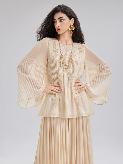 Luxe Embroidered Pleated Long-Sleeve Top