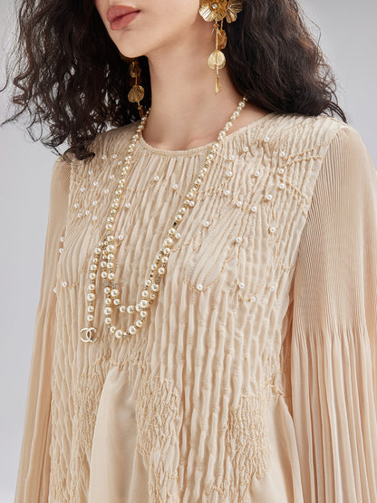 Luxe Embroidered Pleated Long-Sleeve Top