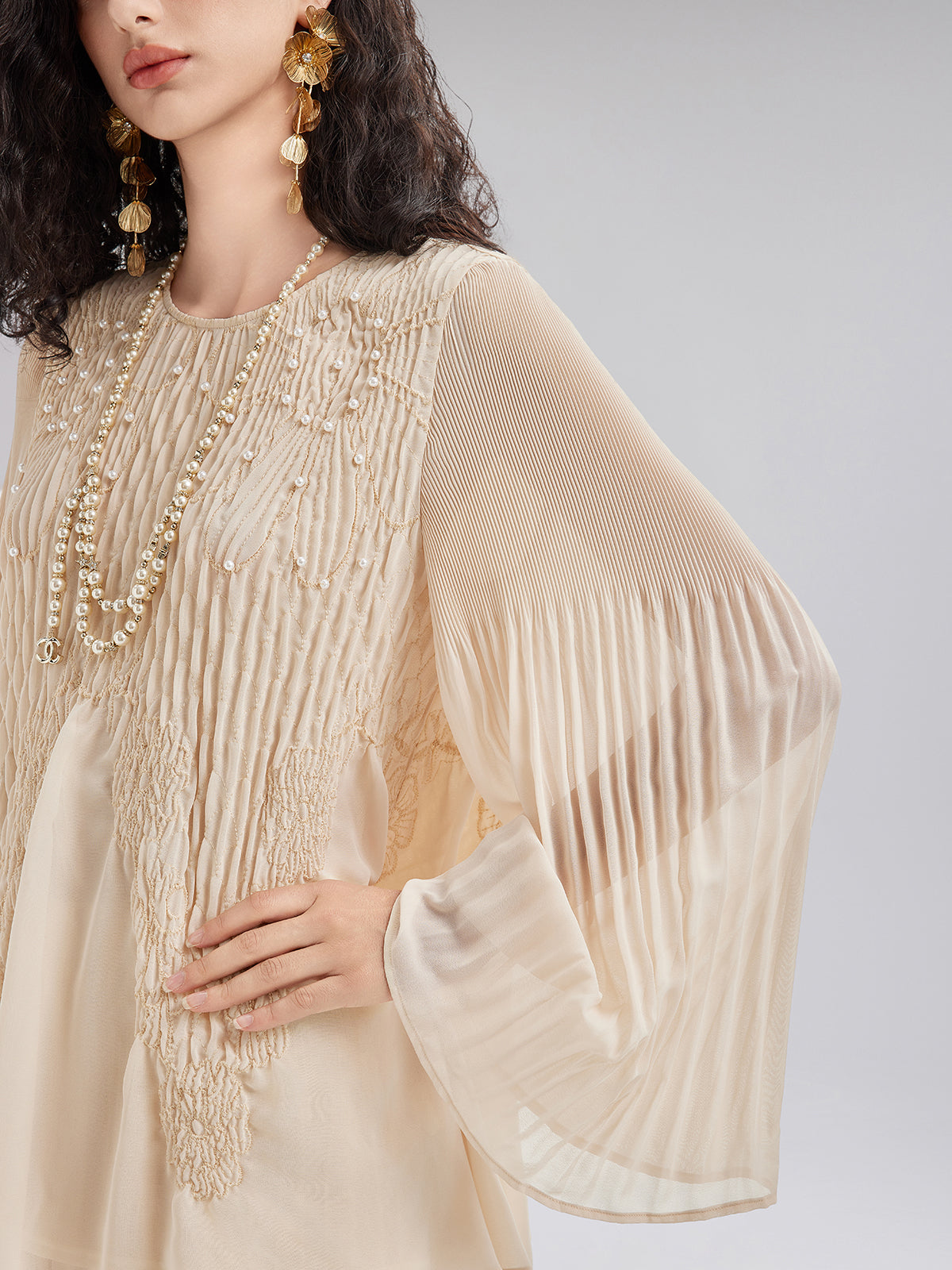 Luxe Embroidered Pleated Long-Sleeve Top
