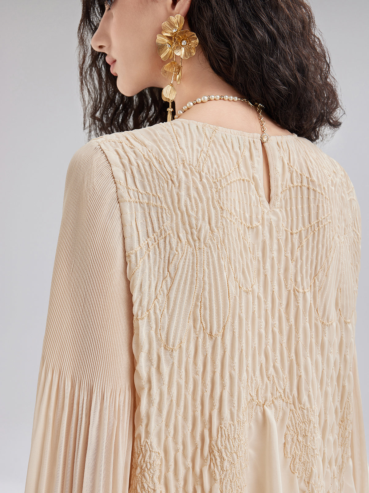 Luxe Embroidered Pleated Long-Sleeve Top