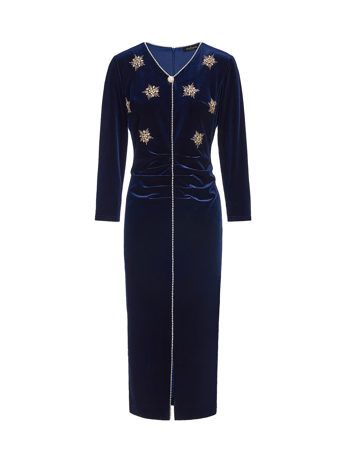 Hand-Beaded Velvet Fitted V-Neck Dress