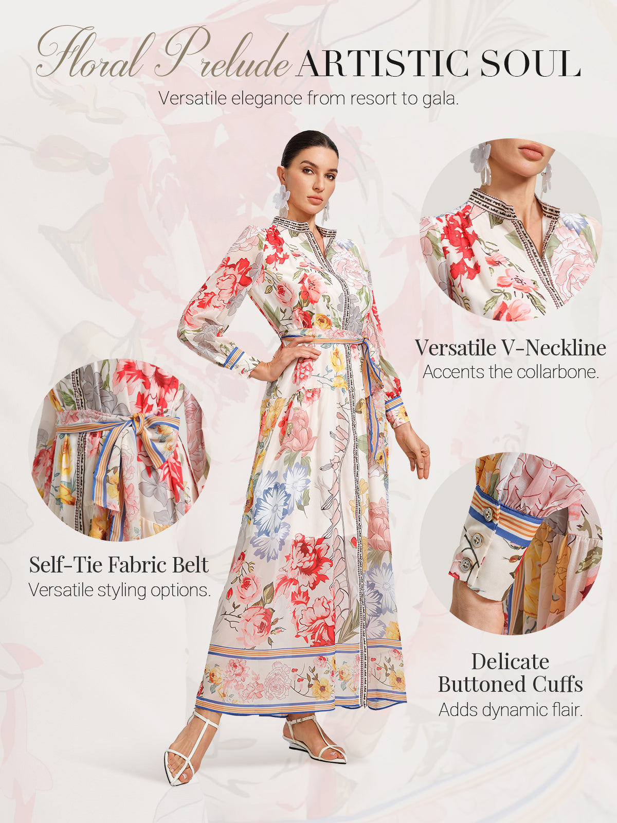 Floral Printed Adjustable-Cuffs Shirt Dress (Waist Tie Included)