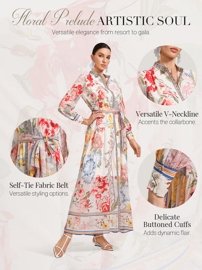 Floral Printed Adjustable-Cuffs Shirt Dress (Waist Tie Included)
