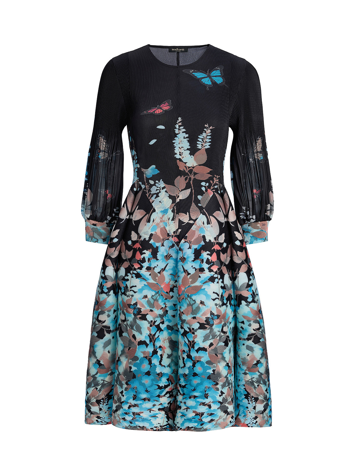 Pleated Printed Lantern-Sleeve Dress