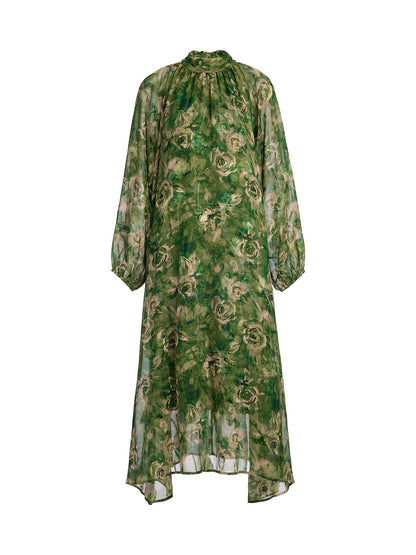 Botanical Print Stand-Collar Relaxed Dress (Waist Tie Included)