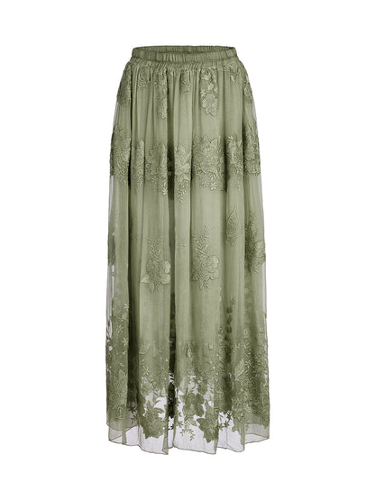 Hand-Dyed Embroidered Elastic-Waist Skirt