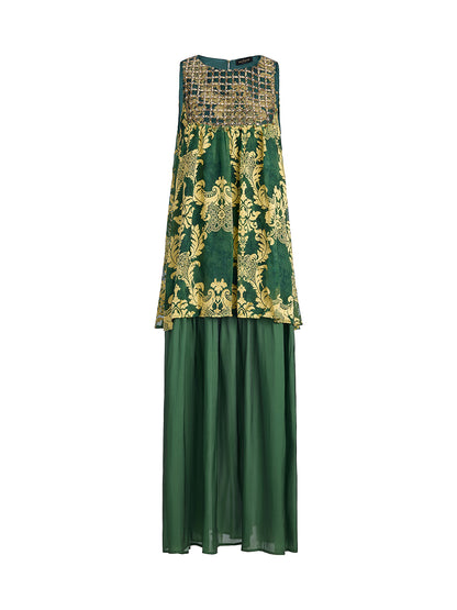 Pleated Jacquard Chiffon Beaded Gown